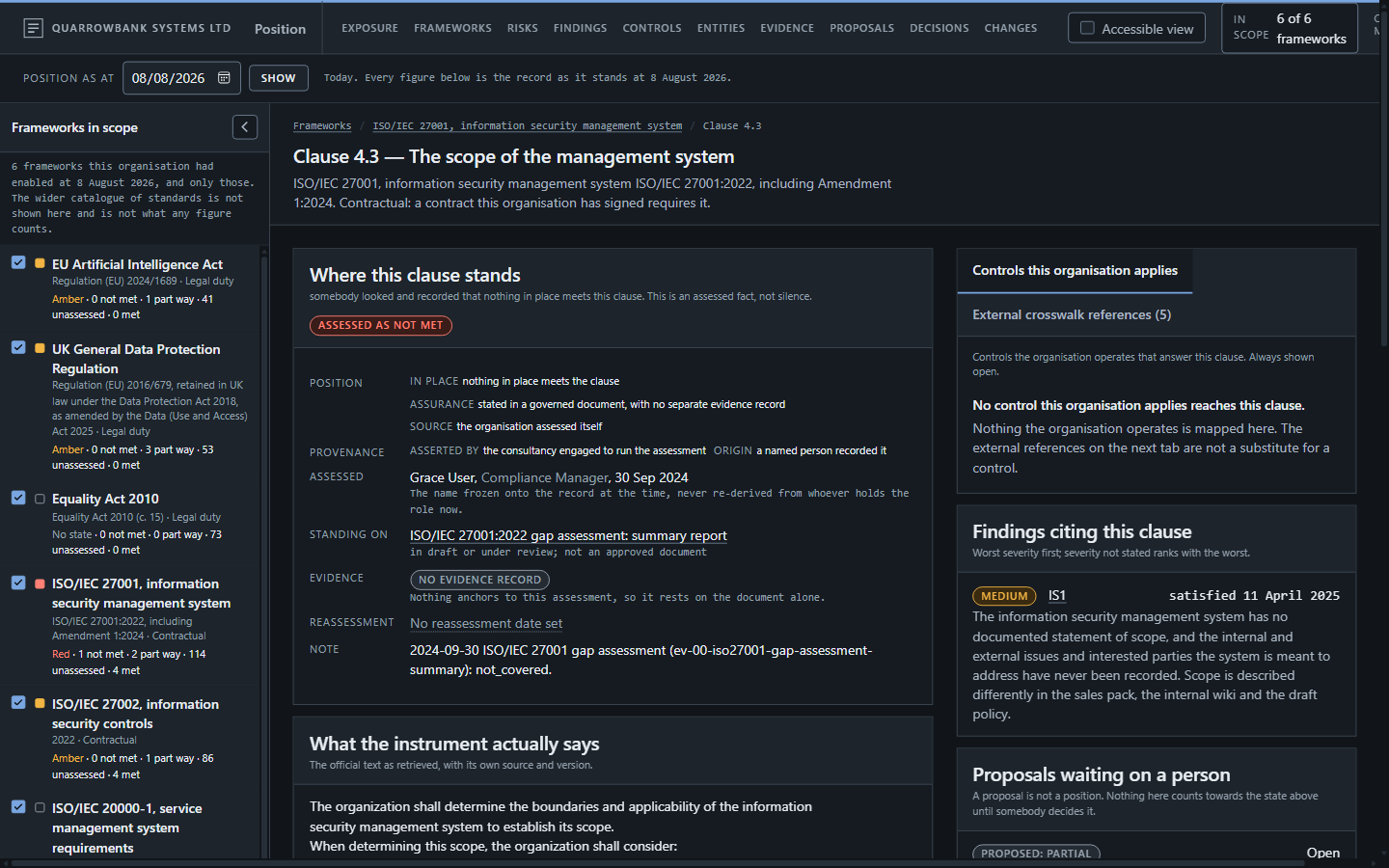 A completed assessment run showing the framework version it was pinned to and its locked, immutable state