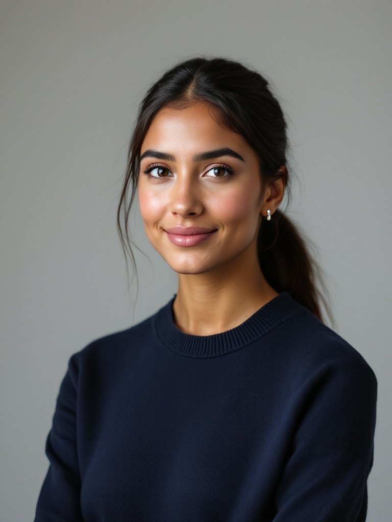 Sam Archer in 2019, wearing a navy jumper, hair in a ponytail: the photograph payroll captured when she joined.