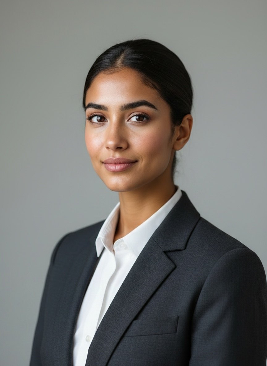 Sam Archer in 2024, wearing a dark suit and white shirt: the photograph taken for her finance security pass.